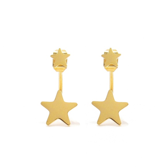 Gold Star Ear Jacket Earrings Small Cute Double - Picture 5 of 6